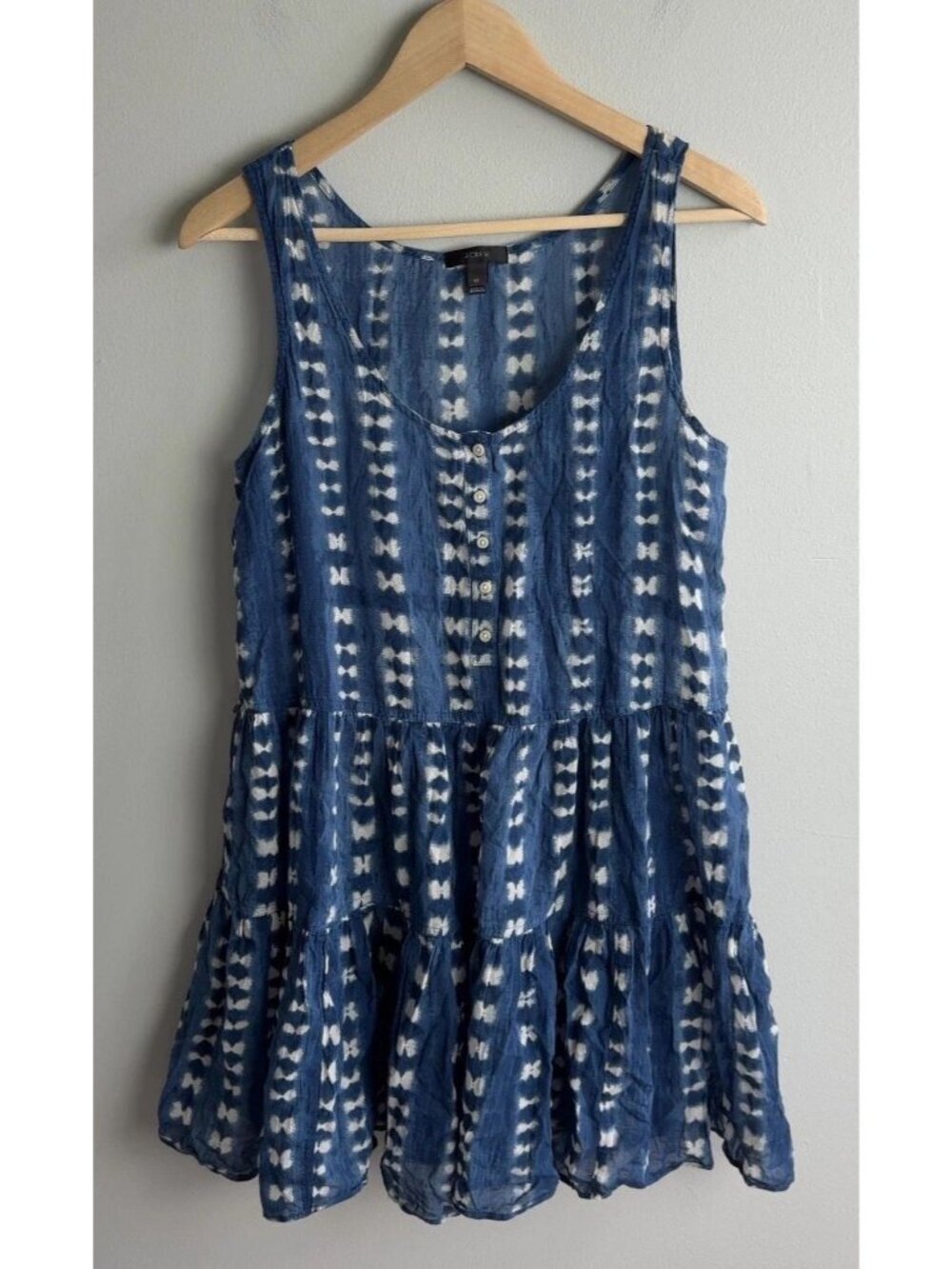 J.Crew Blue White Tie Dye Tiered Sleeveless Dress Size Medium Button Front Women